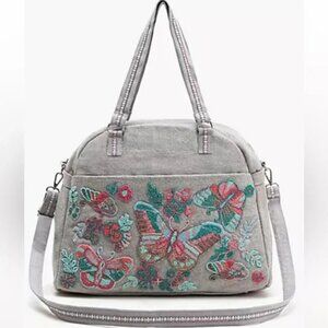 America and Beyond NEW Beaded Floral Butterfly Gray Metallic Weekender Tote